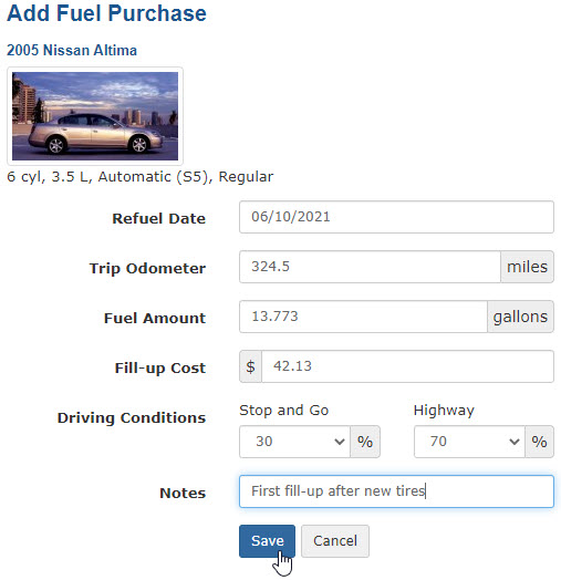 Saving the fuel purchase record