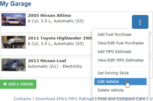 Selecting the Edit Vehicle option
